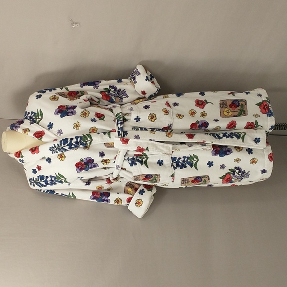 Bright Floral Turkish Cotton Terry Robe Flower on White Soft Quality Wrap Spa lk - Picture 1 of 13